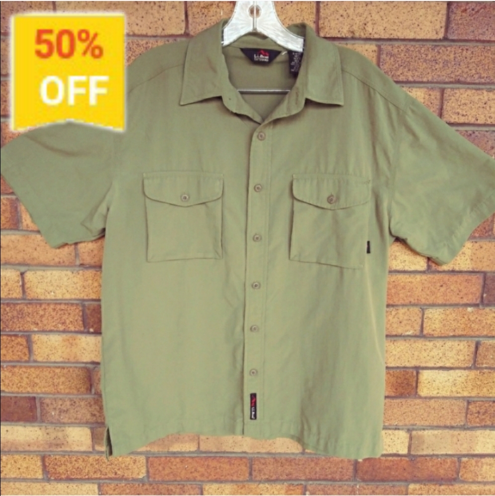 L L Bean Outdoors Button Shirt Olive Drab Med